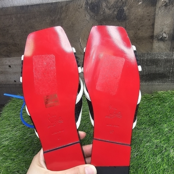 Christian Louboutin Black/White Logo Canvas and Leather Crossimule Flat Slides - Picture 10 of 11